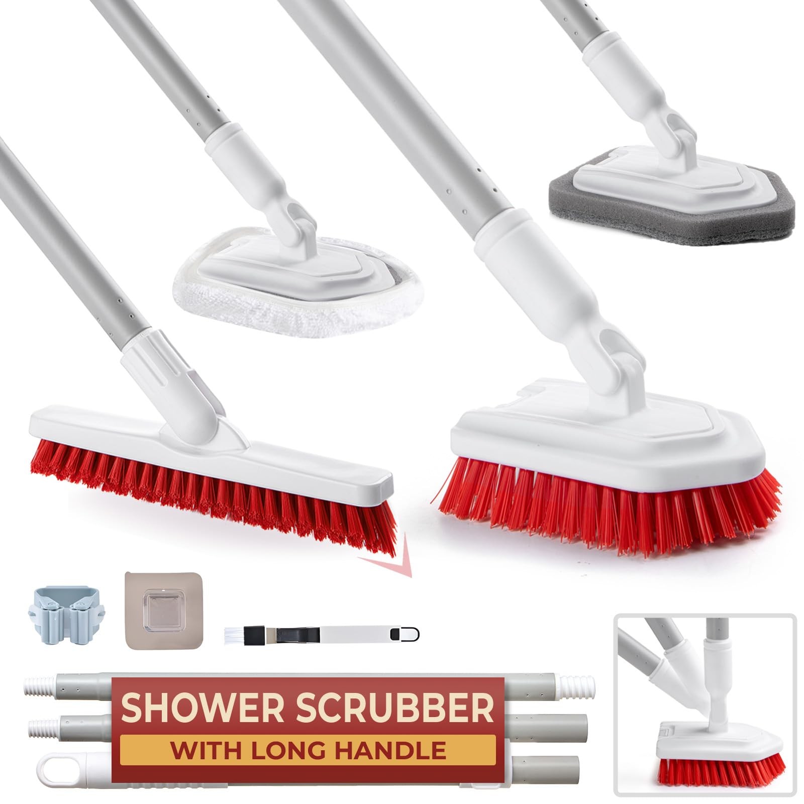 Shower Scrubber with Long Handle, Stiff Bristles Grout-Brush, Tub Scrub-Brush…
