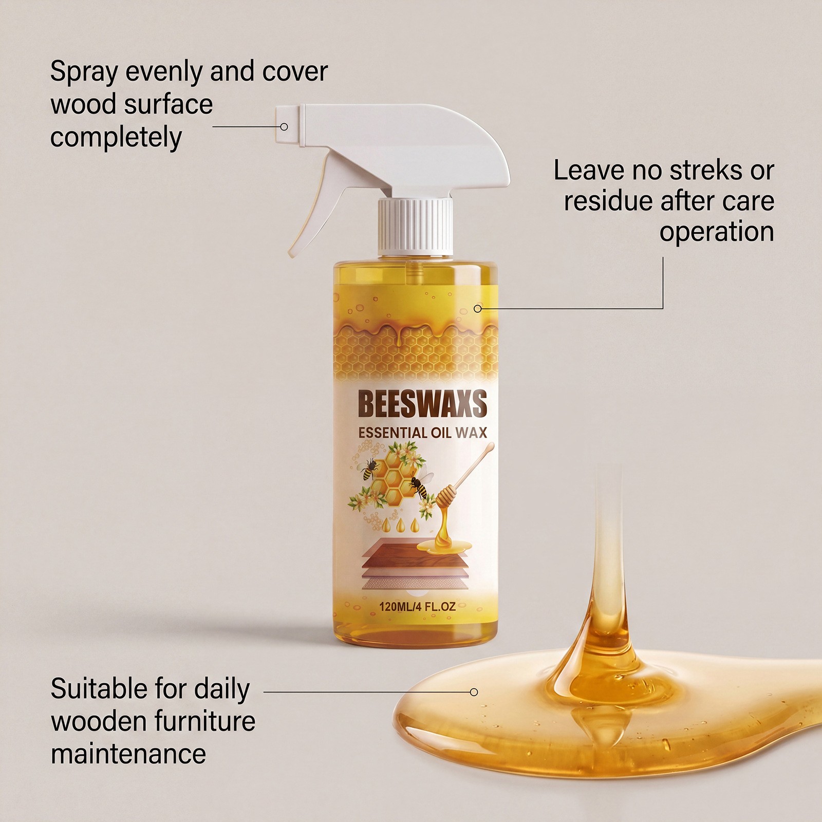 Beeswax Spray Essential Oil Wax,Multi-Purpose Furniture Polish,Wood Care Spray