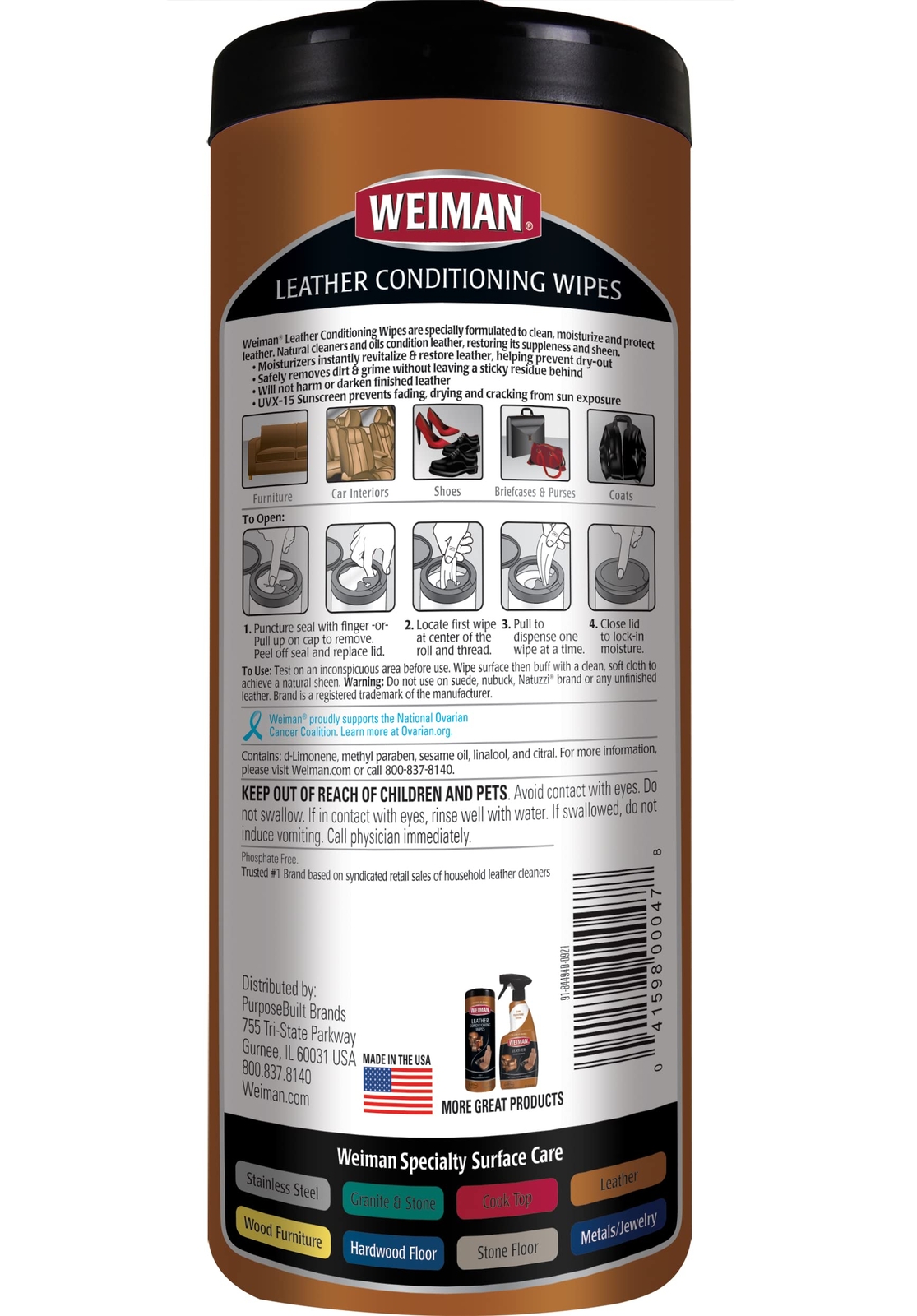 Weiman 120 Count Leather Cleaning Wipes Protects Cleans Moisturizes UV Shield