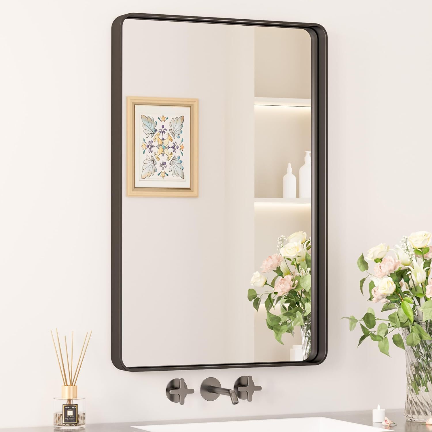 Black Bathroom Mirror,20 x 30-Inch Rectangular Wall Vanity Mirror,Tempered Glass