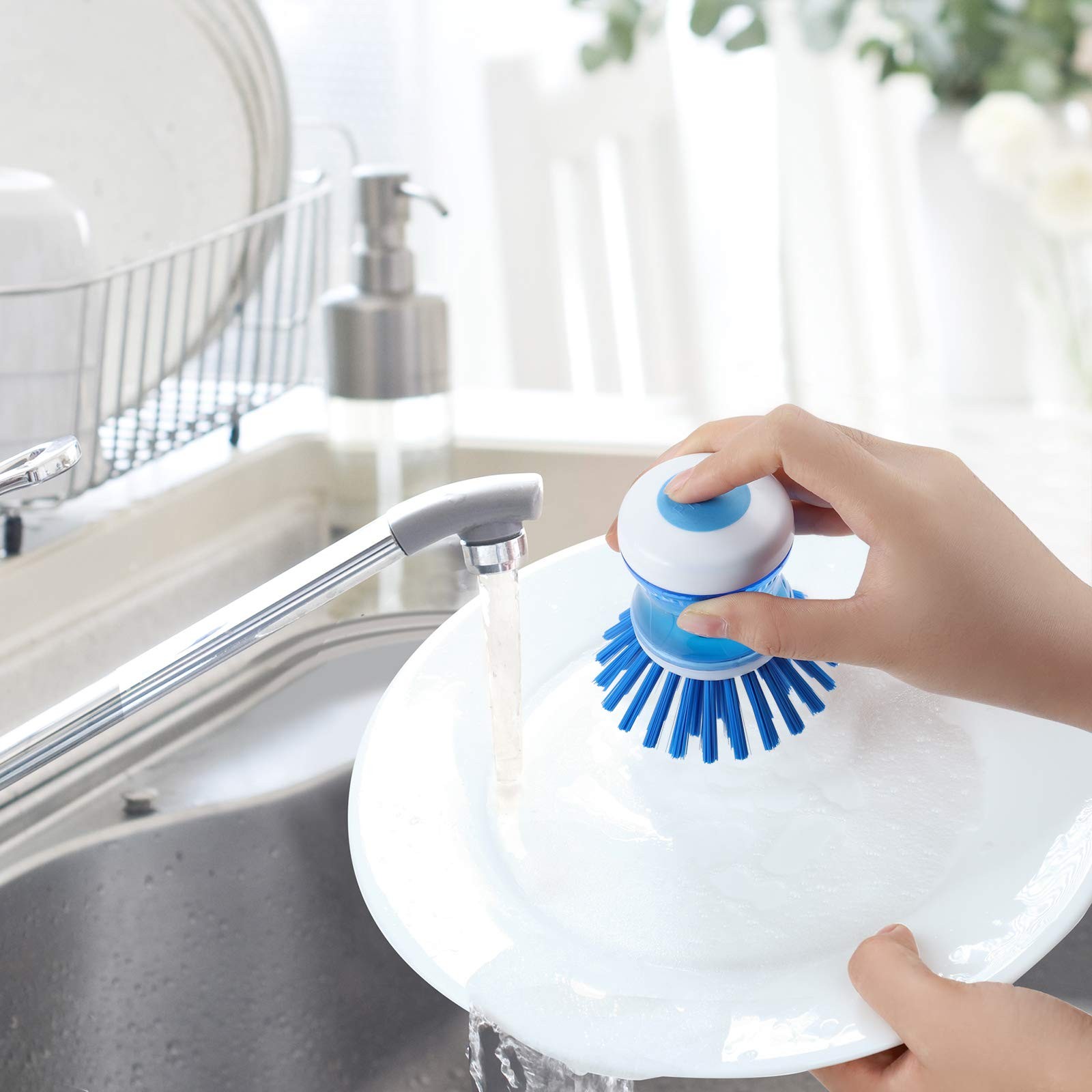 Dish Brush with Soap Dispenser for Dishes Pot Pan Kitchen Sink Scrubbing, Blue 2