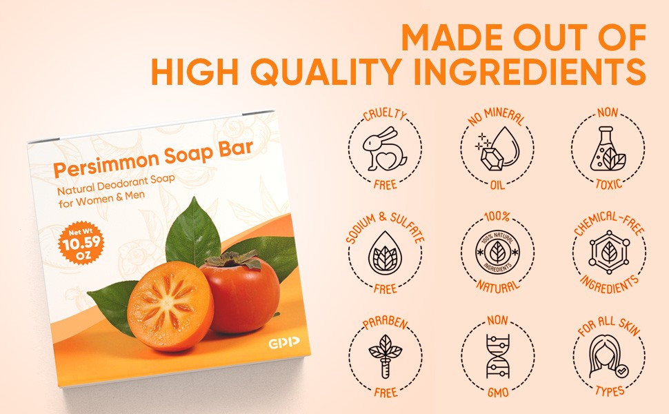 Persimmon Soap Bar for Body Odor Control – 3 PCS Natural Body Wash Soap for for