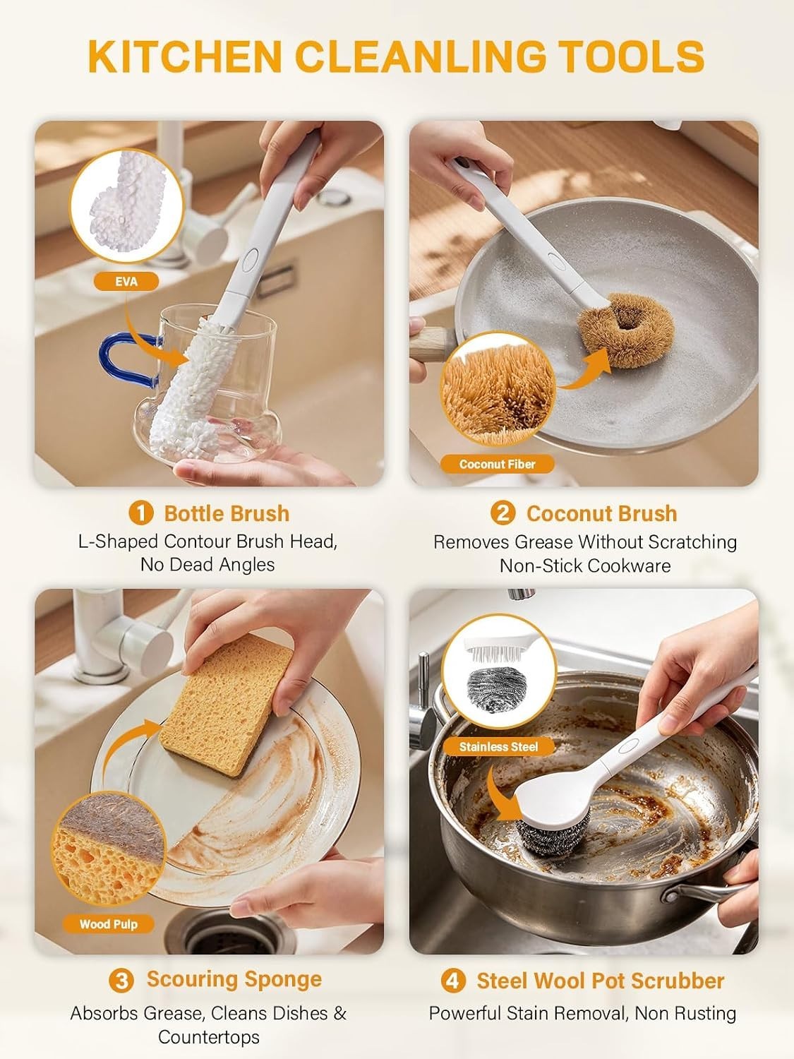 7-Pack Kitchen Cleaning Dish Brush Set with Storage Box for Pan & Bottle