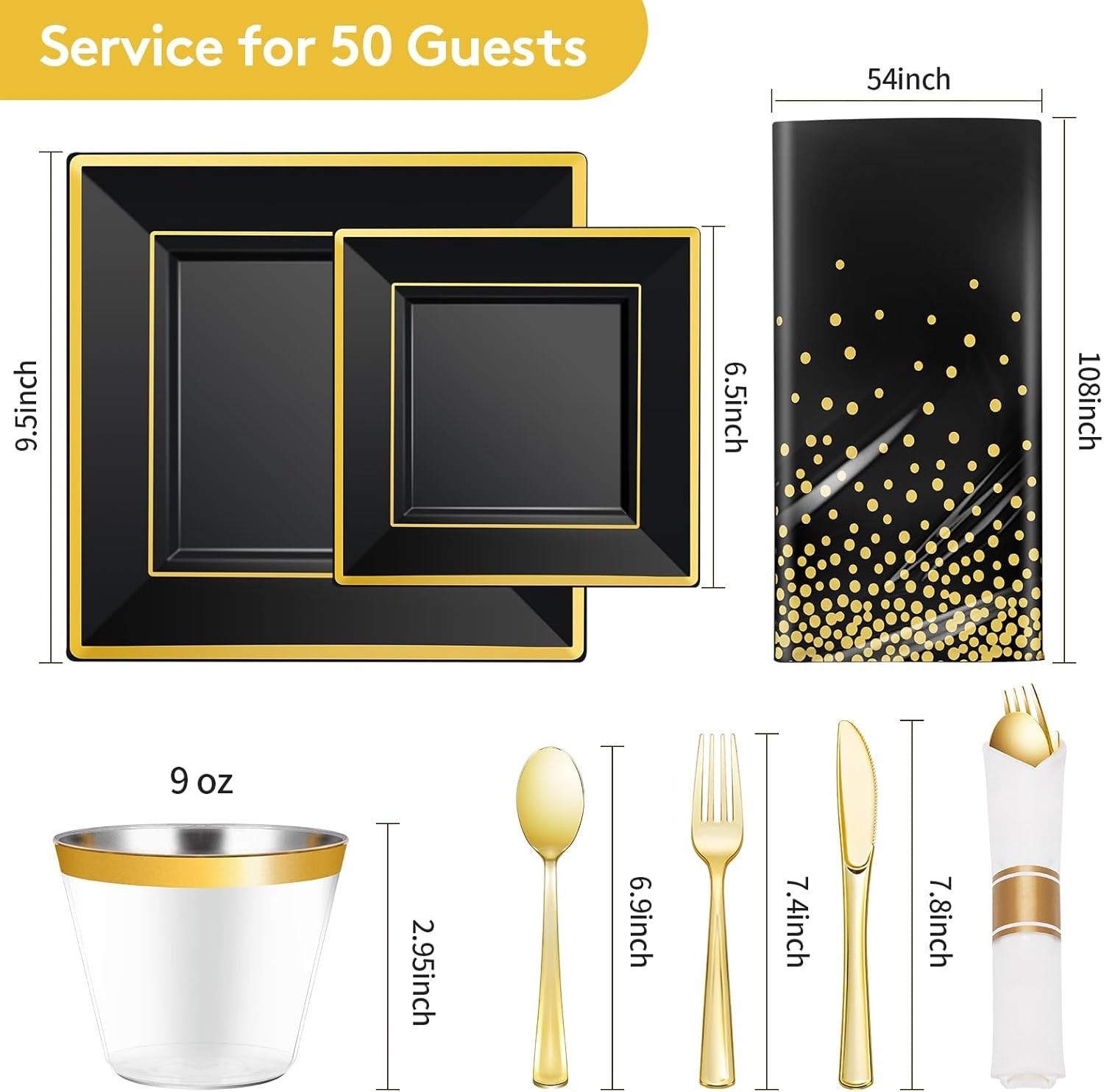 Goodluck 352 Pieces Black Dinnerware Set for 50 Guests, Black Square Plastic P
