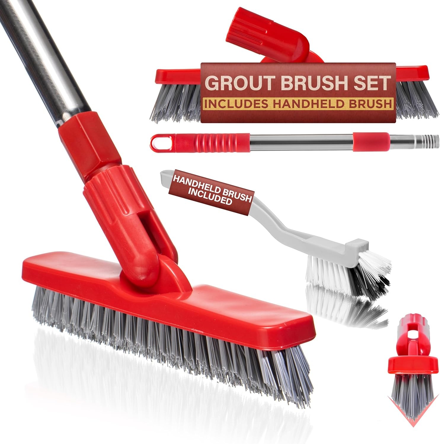 Foxtrot Living Grout Brush with Long Handle & Handheld Stiff Bristle Scrubber, V