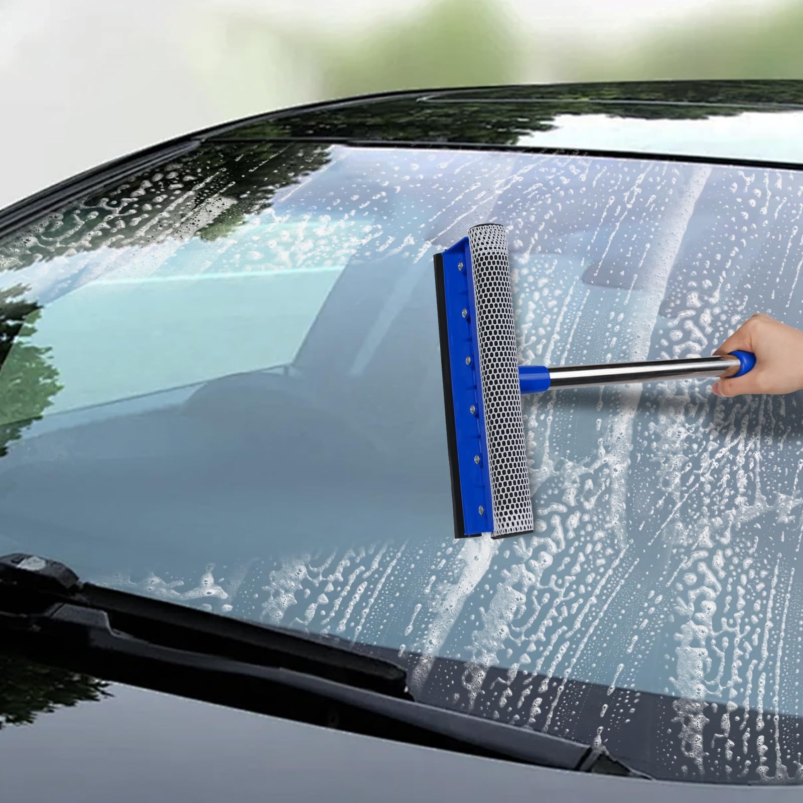 2in1 Car Windshield Cleaner with Squeegee, Sponge, and Retractable Handle