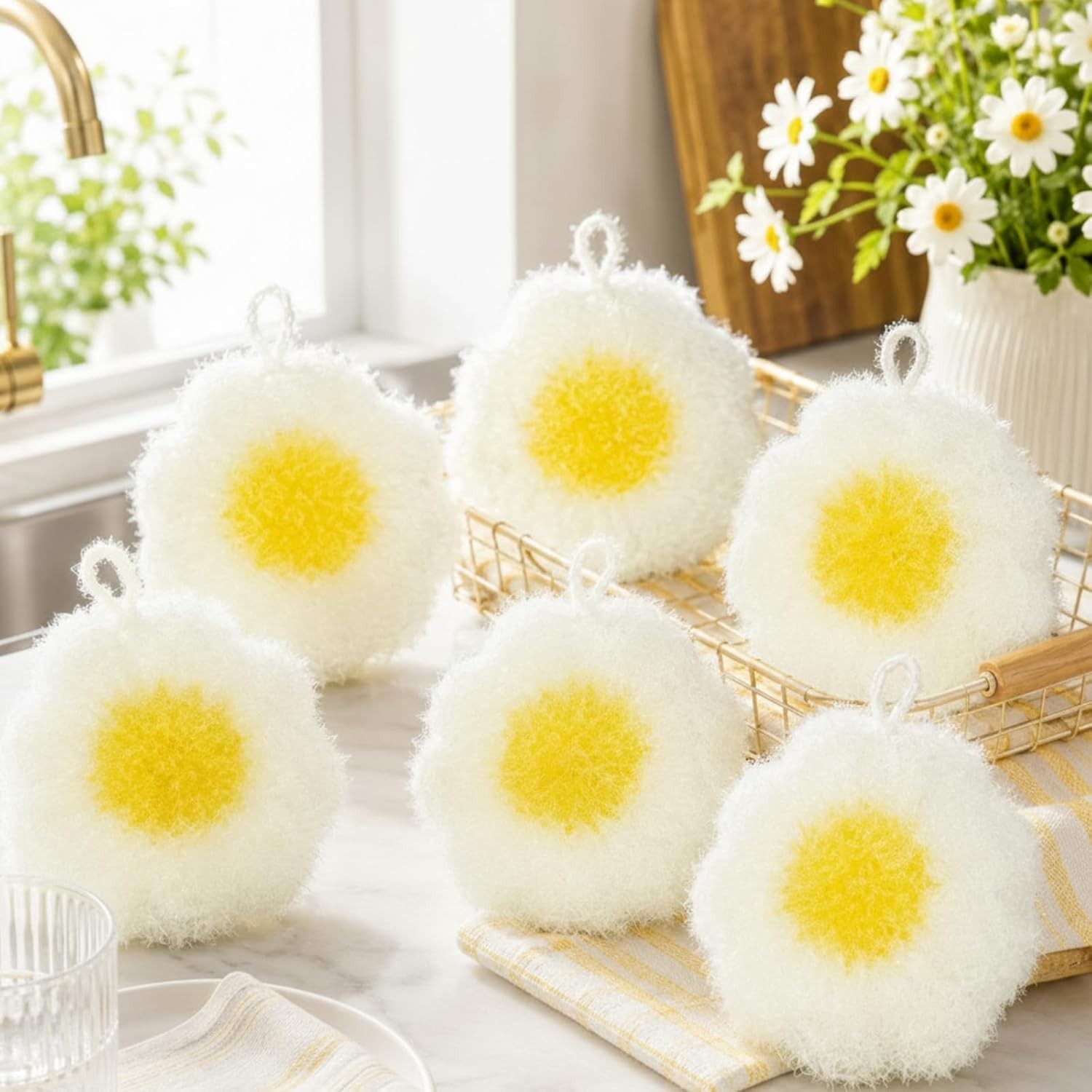 6 Piecs Fun Daisy Shape Dish Sponge Gifts Dual Sided Non Scratch Daisy Dish