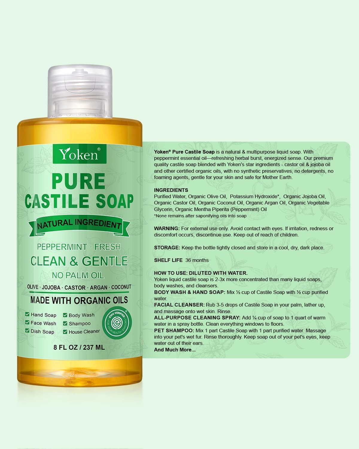 Peppermint Castile Soap Liquid 8 OZ, Made with Certified Organic Oils, Gentle