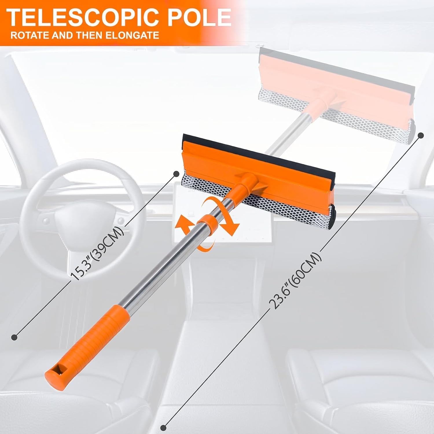 2 in 1 Car Windshield Squeegee with 15.3 to 23.6 Inch Retractable Handle Orange