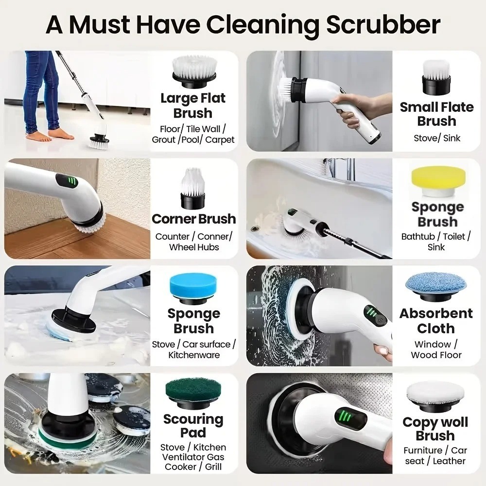 9 in 1 Electric Spin Scrubber Extra Length 9 Brush Heads Retractable Handle
