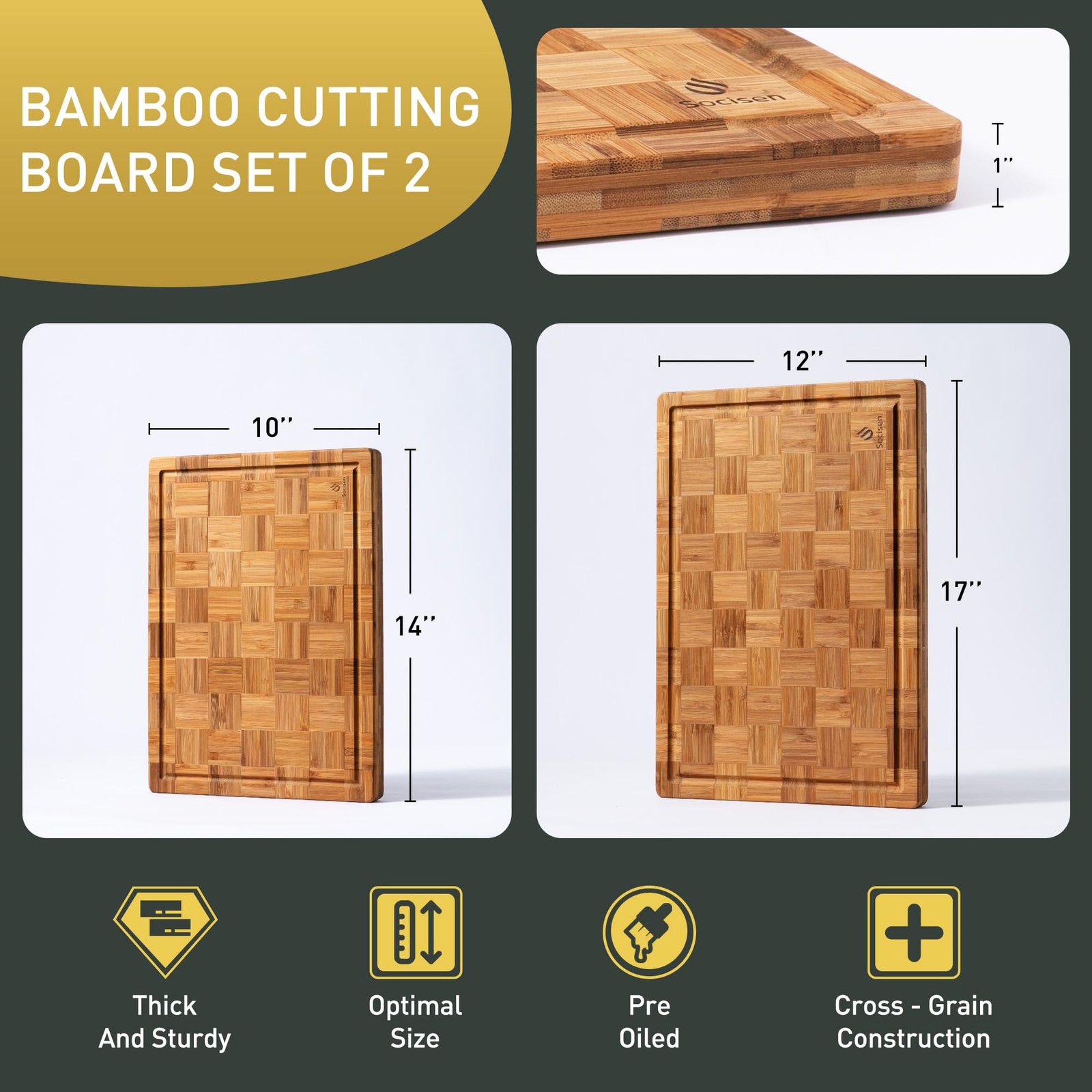 2 Pack Heavy Duty Bamboo Cutting Board Set Non Slip Over Sink Solid End Grain…