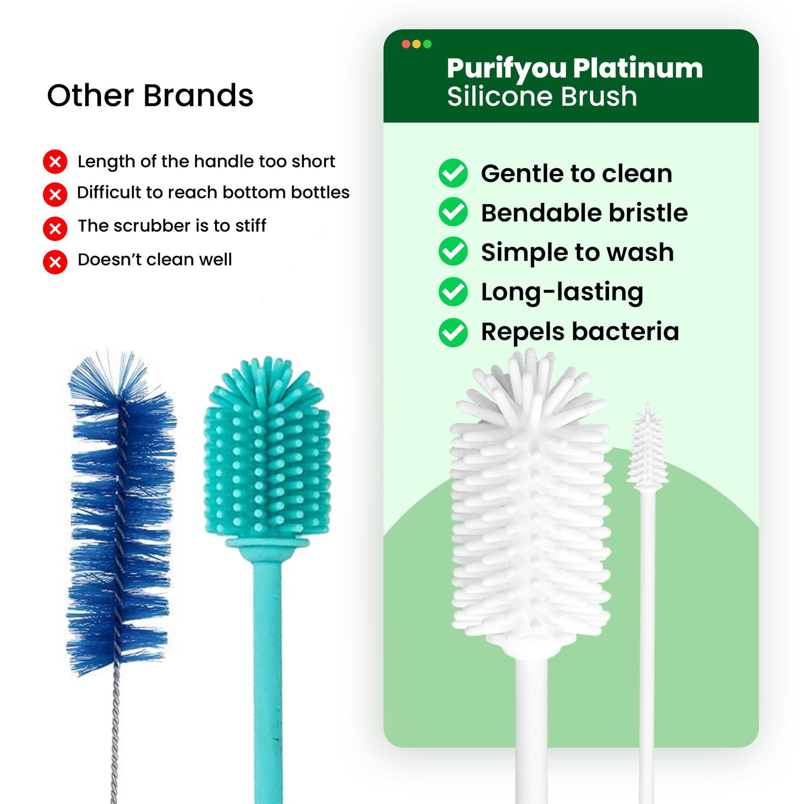 Silicone Water Bottle Cleaning Brush Set 16inch & 12inch Flexible Durable Silico