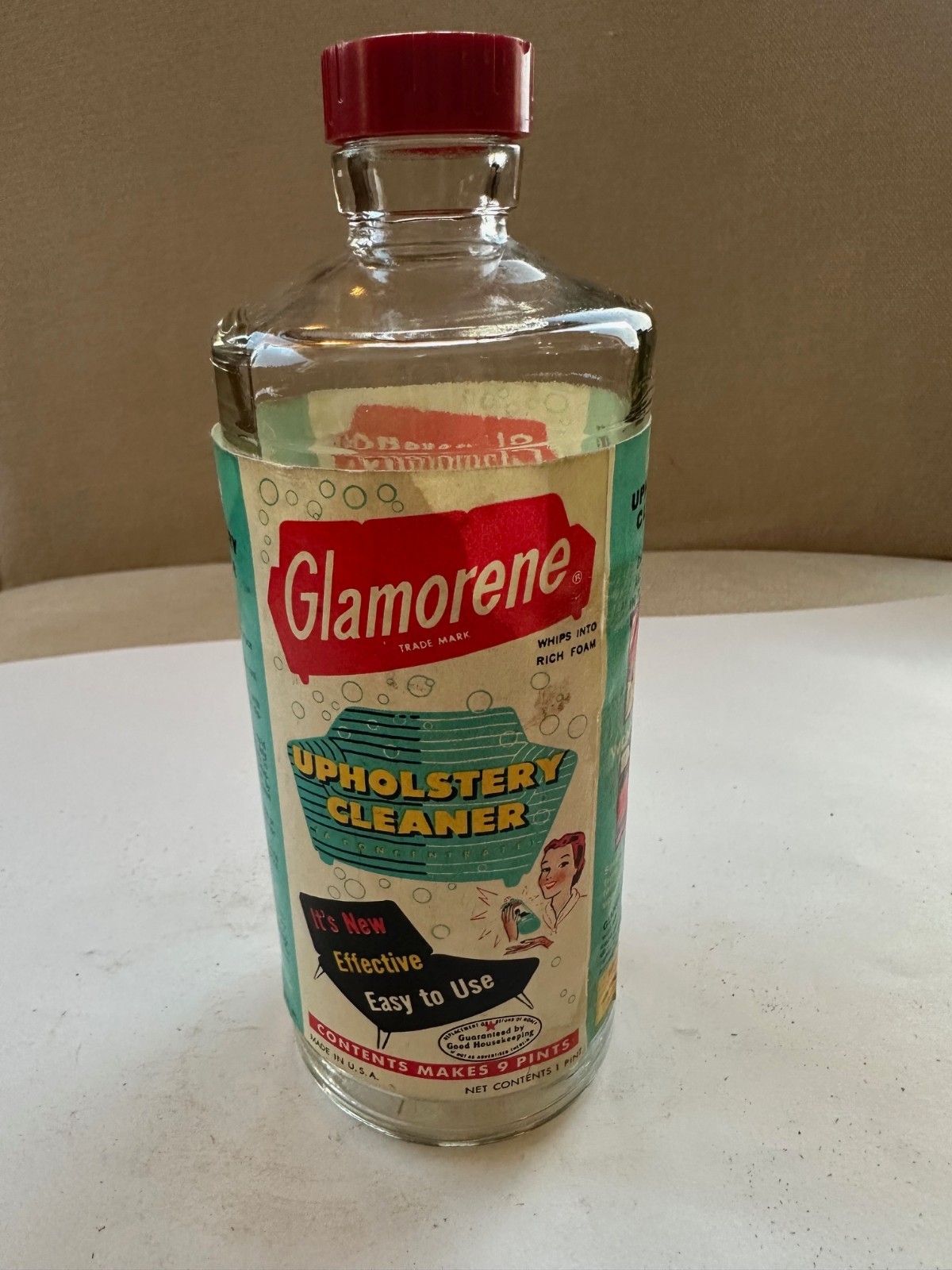 Vintage Glamorene Upholstery Cleaner One Pint Bottle With Lid. No contents.
