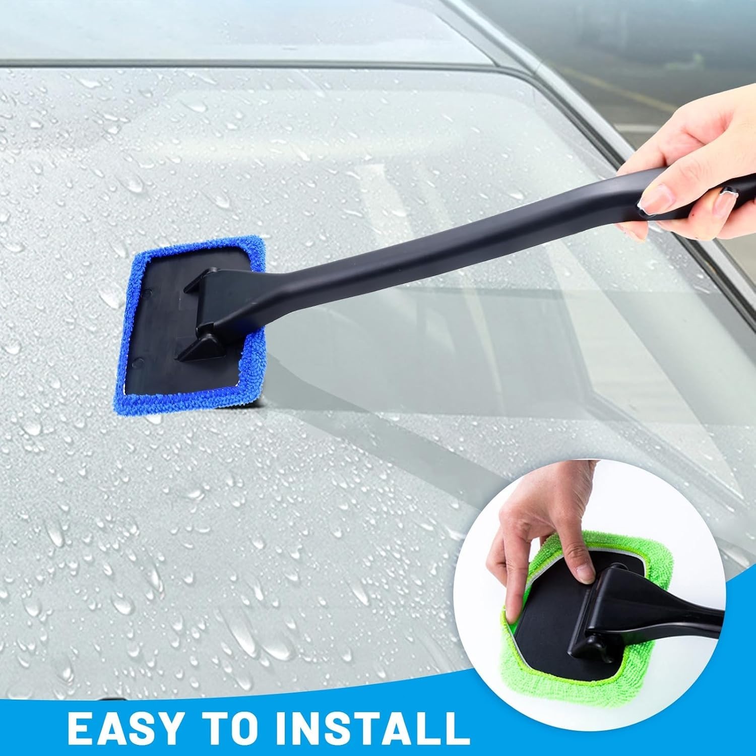 Car Windshield Cleaning Tool – 2 Reusable Microfiber Pads & 1 Flexible Handle