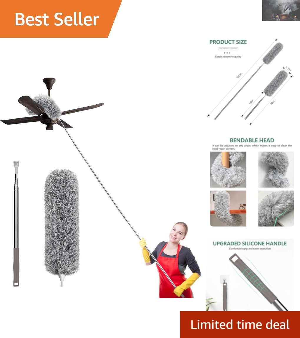 Bendable Microfiber Duster with 100-inch Stainless Steel Pole for Easy Cleaning