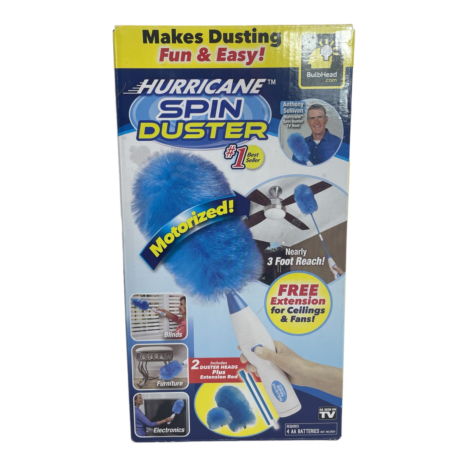 Hurricane Spin Duster Motorized Dust Wand w/3ft Extension For Ceiling Fans