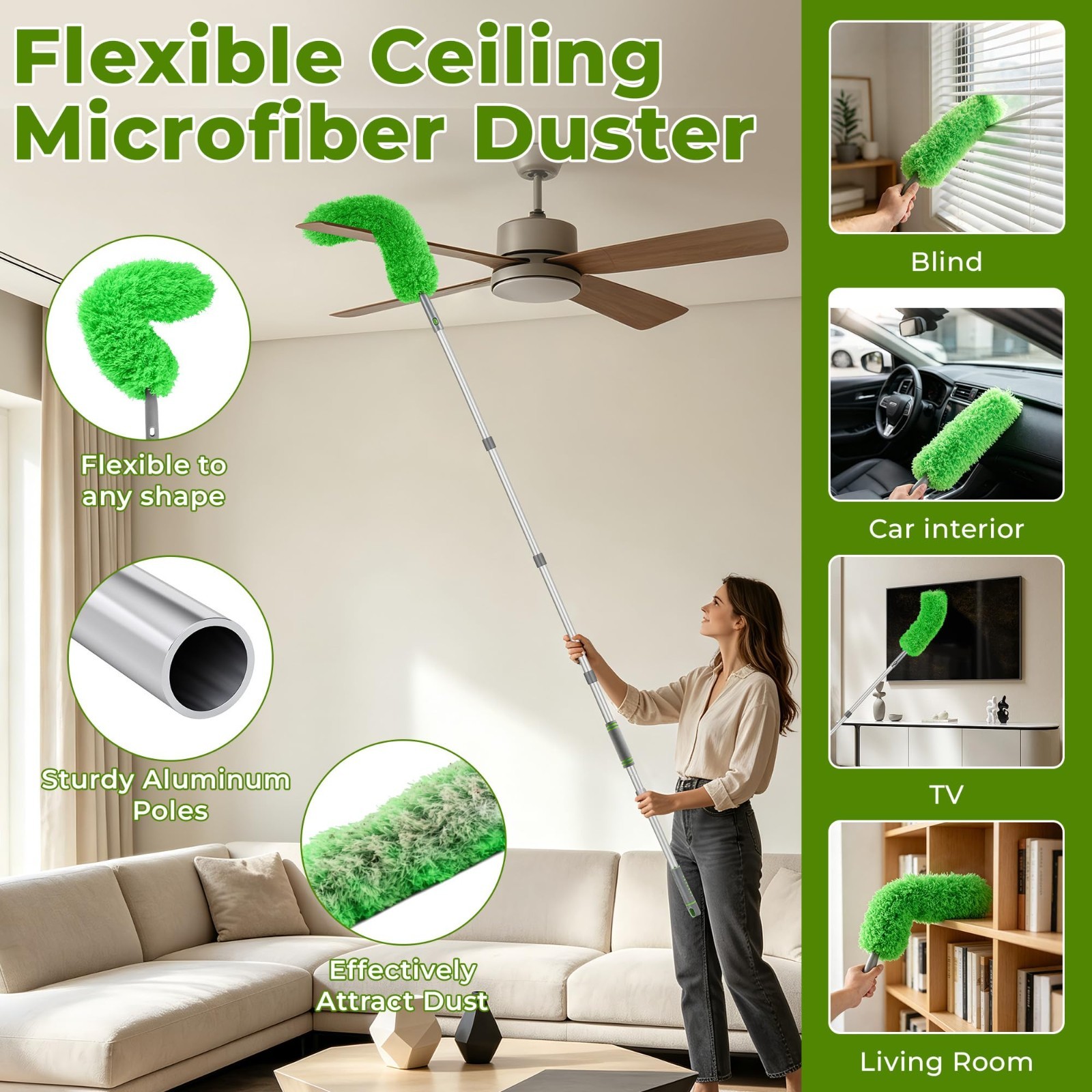 Ceiling Fan Cleaner Duster with 77″ Pole, 4-in-1 Microfiber & Chenille Tool, Ben