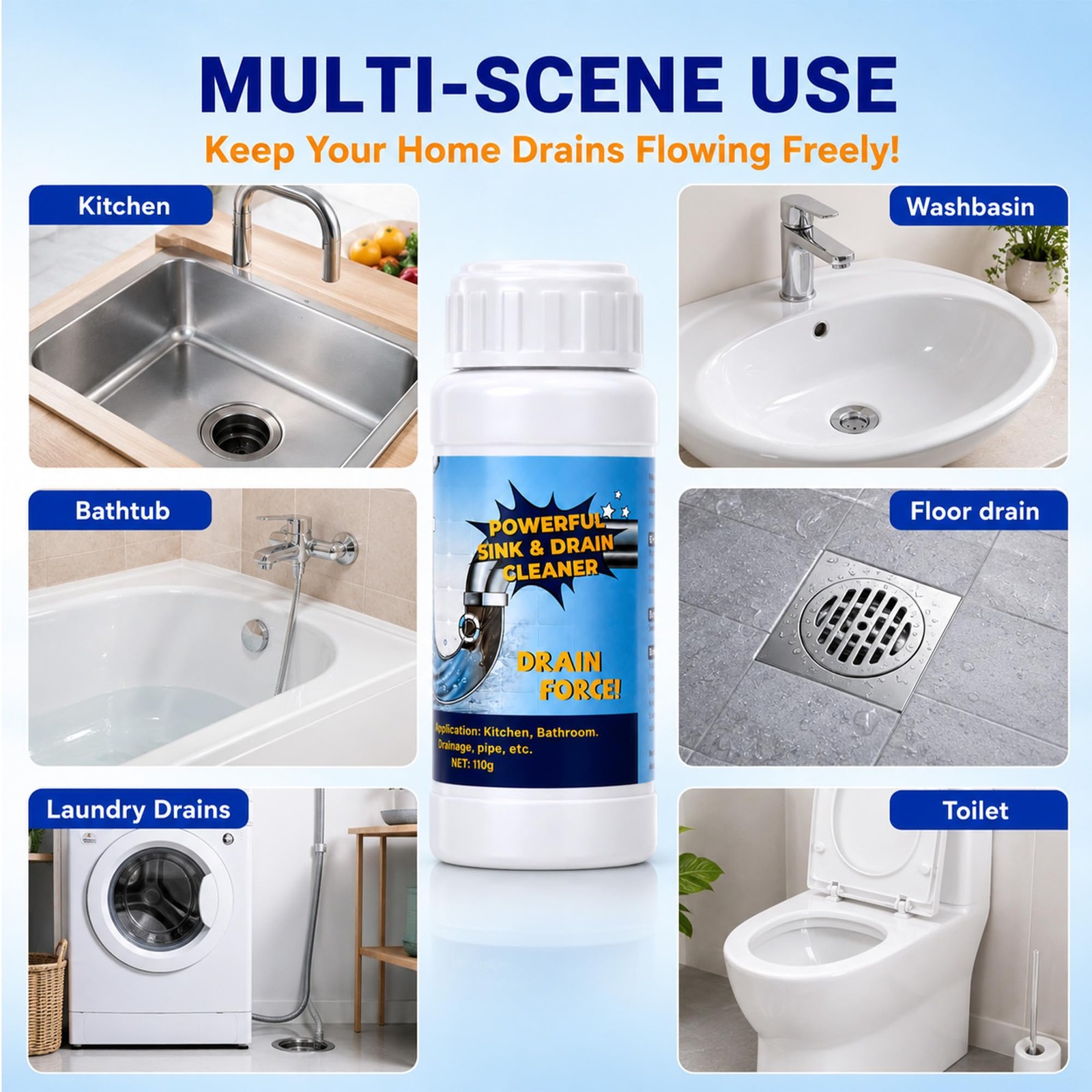 Loruoea 4Pack Potent Drain Cleaner & Clog Remover for Kitchen & Bath Pipes