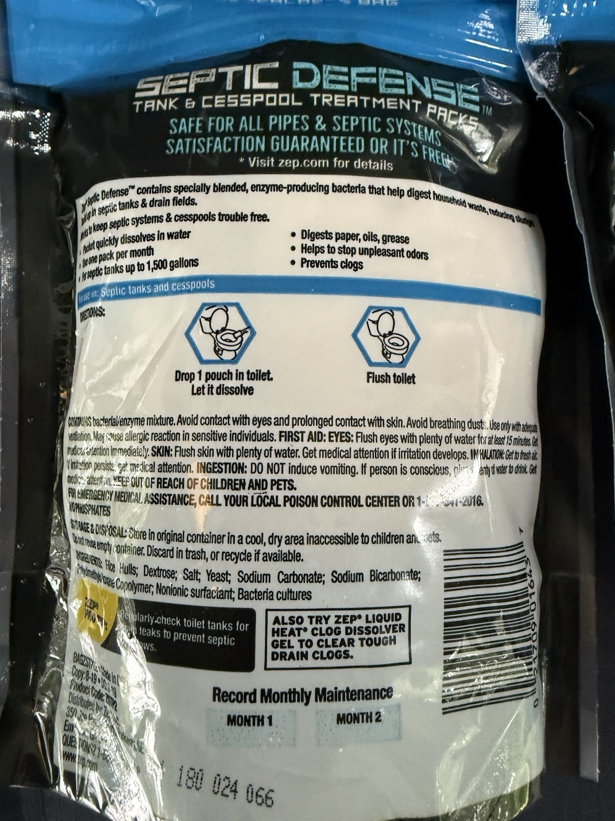 ZEP Septic Defense Tank & Cesspool Treatment Packs 12 Oz Total (3 Bags@4 Oz Ea)