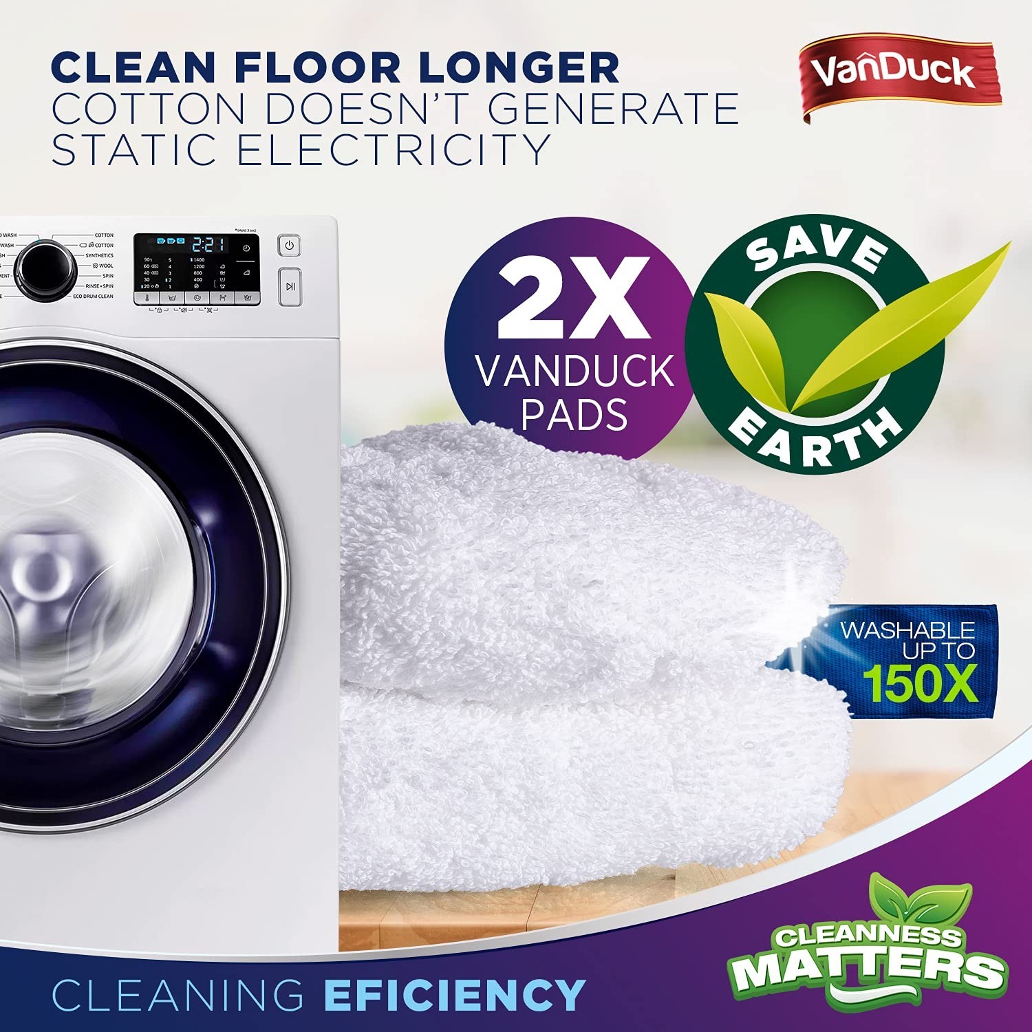 VanDuck 100% Cotton Pad Terry Cloth Mop Refills 15×8 inches, 2 Pack (Mop is N…