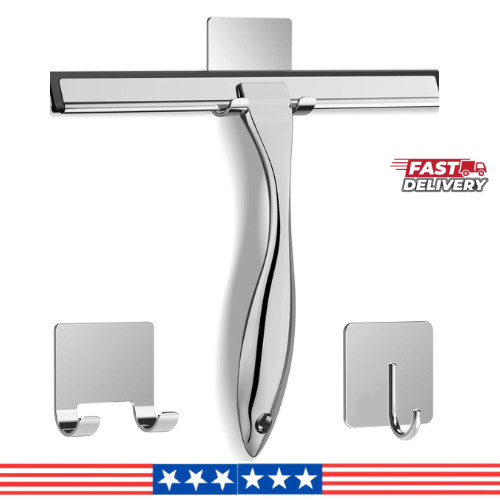 10” Stainless Steel Shower Squeegee + 2 Hooks Glass Door Window Cleaner