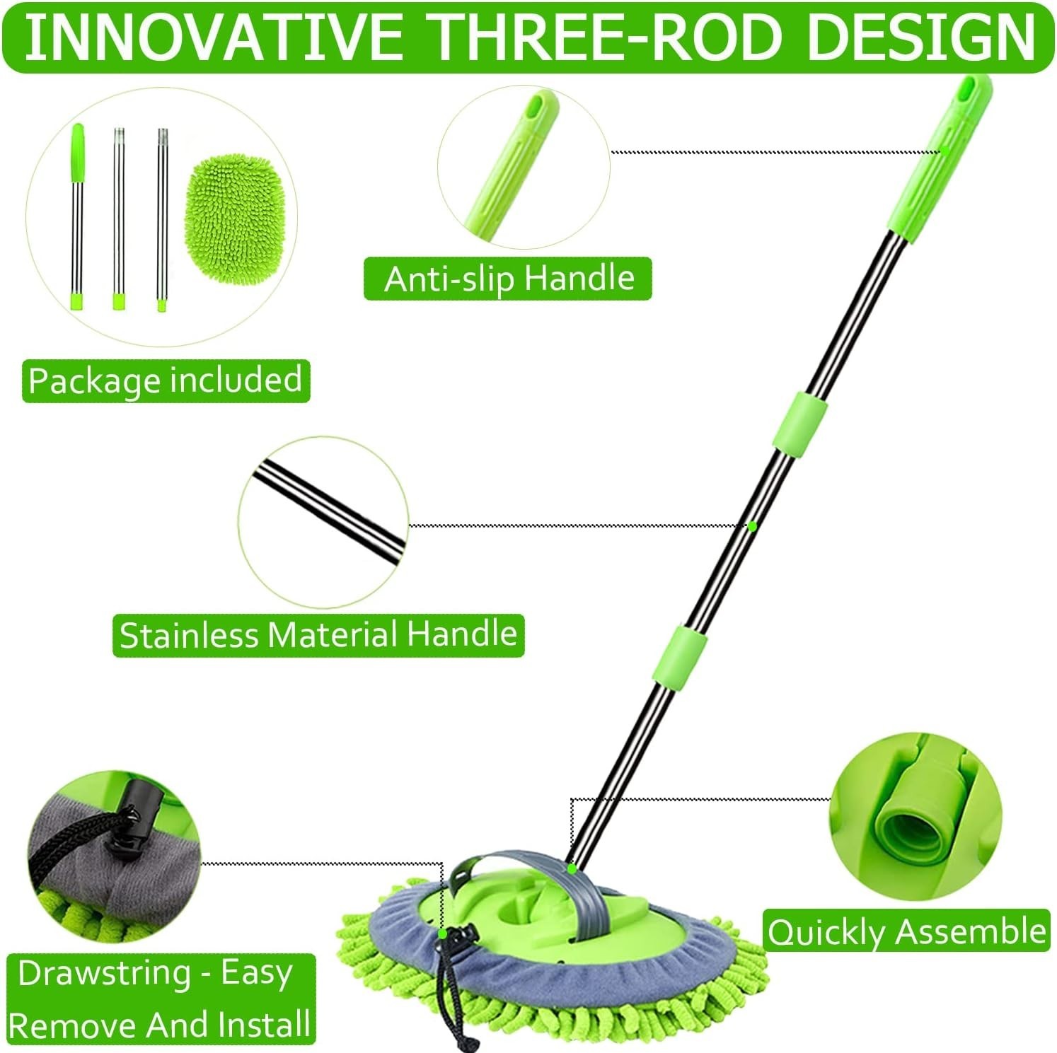 47.5″ Car Wash Brush Mop Cleaning Tool with Long Handle Kit for W Color: Green