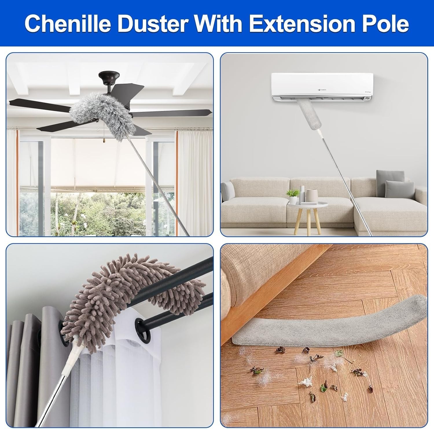 Extendable Microfiber Duster 30-100 Inches with Bendable Head & Brushes Kit