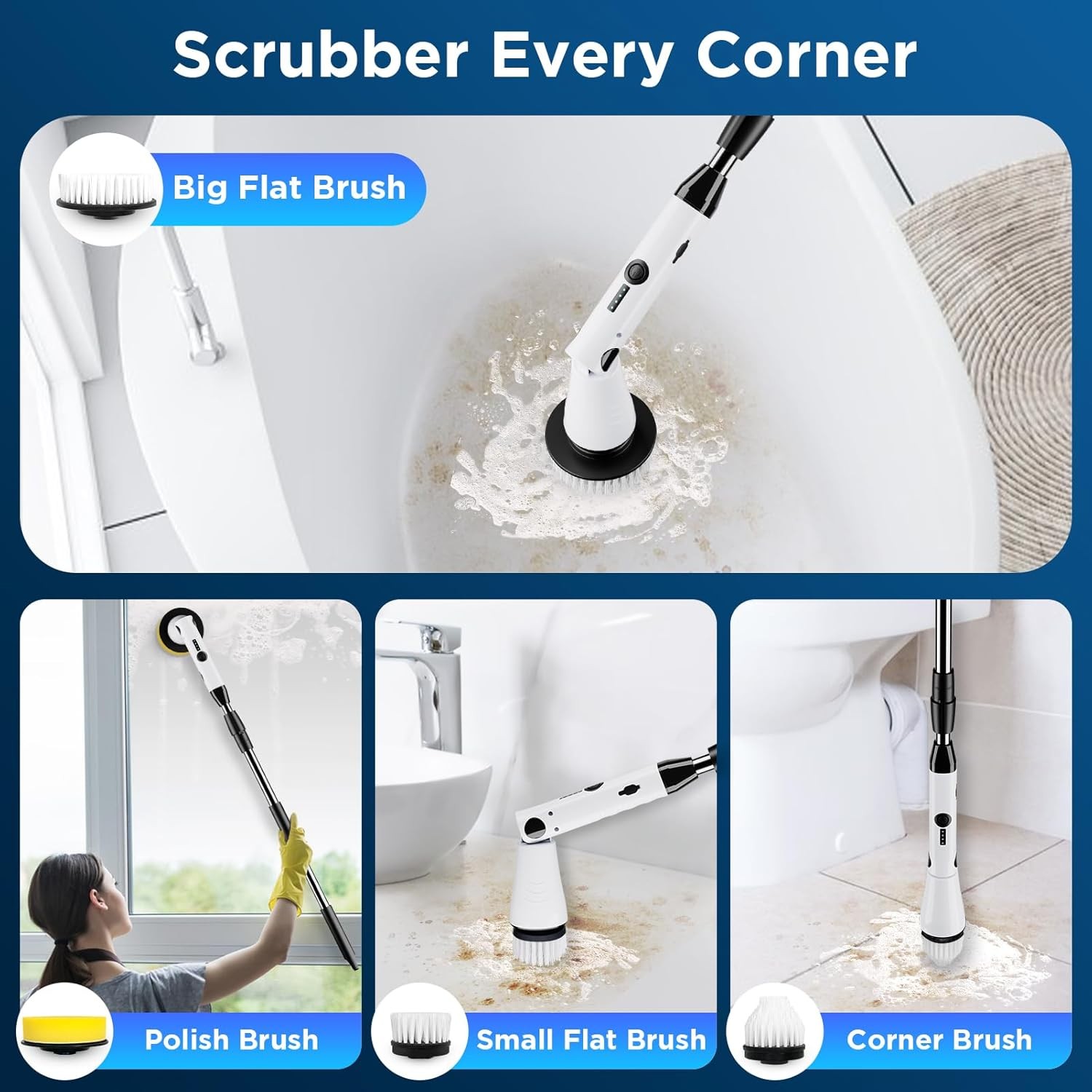 Electric rotating brush, new bathroom cleaner, retractable handle 4 brush heads