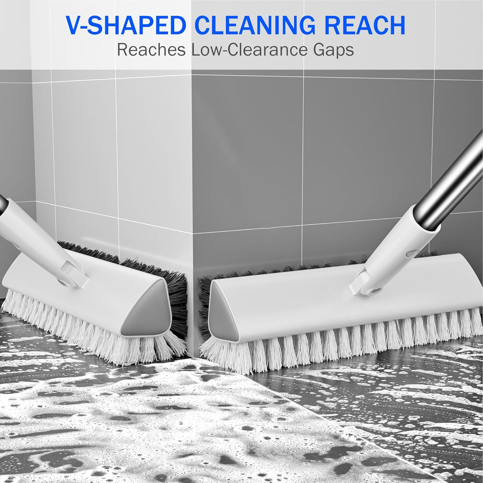 Grout Brush with Long Handle 180° Swivel Floor Scrub Brush V-Shaped Grout Line