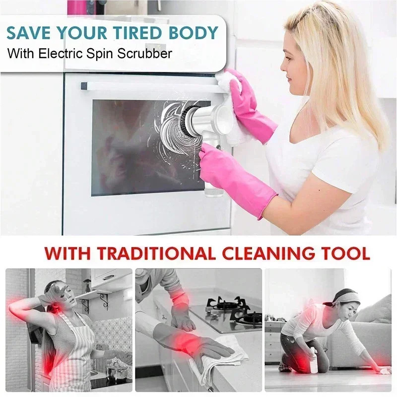 Electric Spin Scrubber Power Scrubber Cordless With 5 Replaceable Cleaning Brush