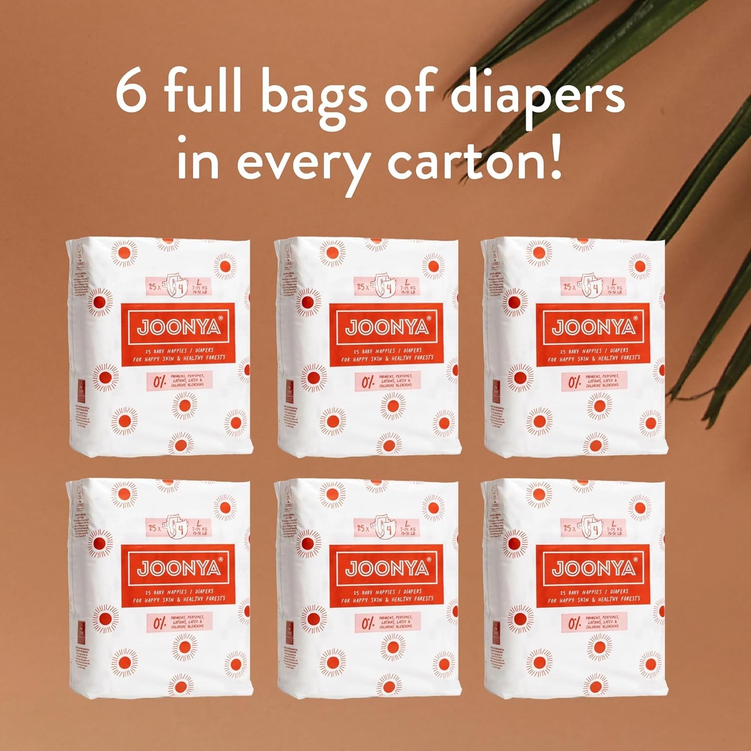 Joonya Baby Diapers, Size 4 L (15-31 lb) – 6 Bags of 25 (150) – Non Toxic, Eco