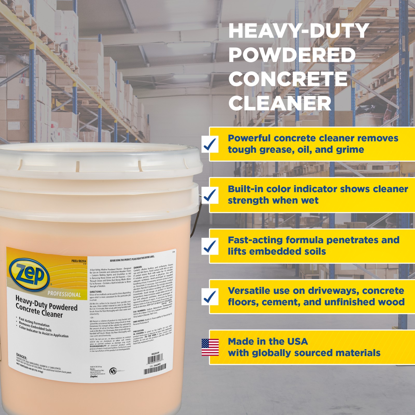 Zep Professional Heavy-Duty Powdered Concrete Cleaner – 40 LB Bucket (1 Unit)