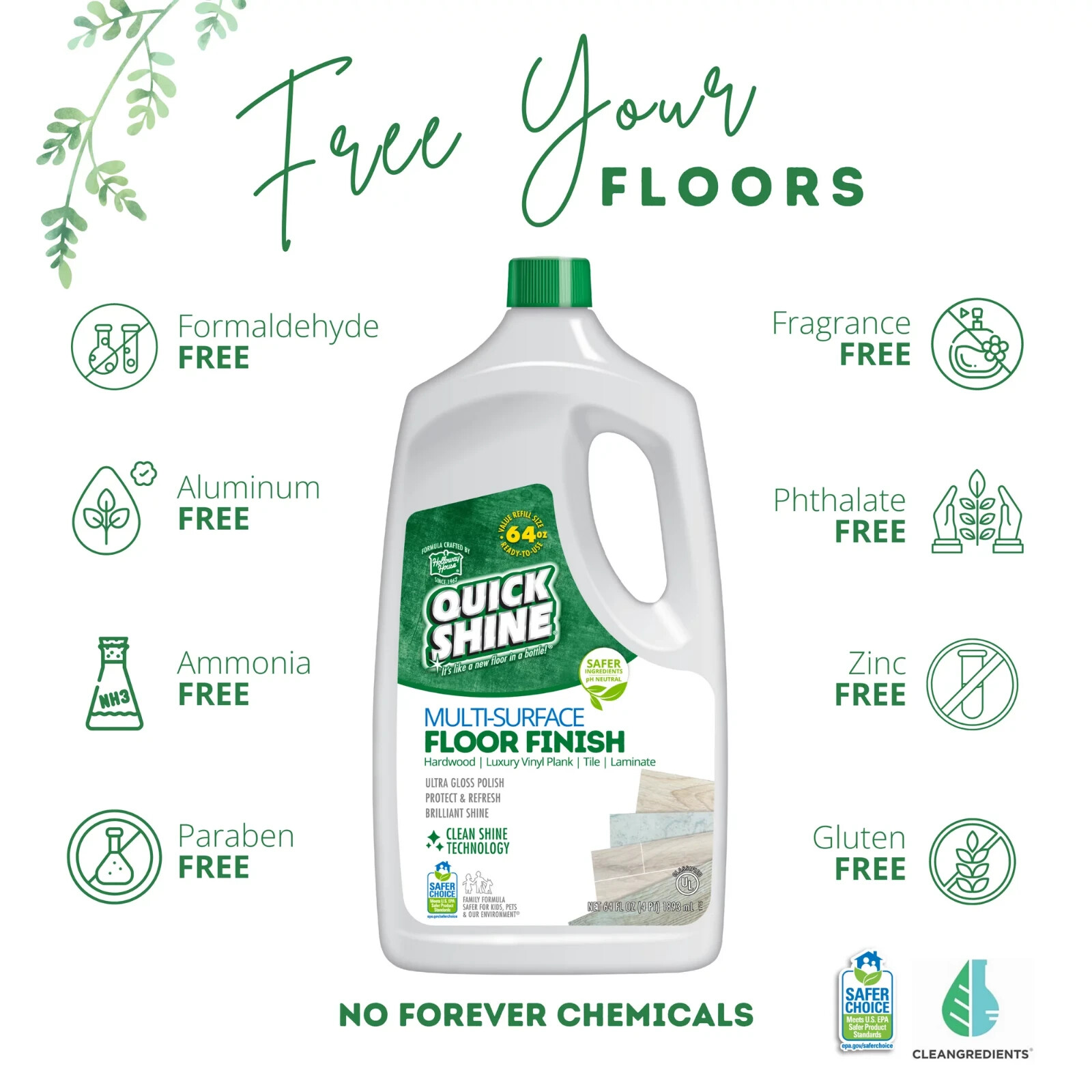 Quick Shine Liquid Multi-Surface Floor Finish, 64 fl. oz., Household Floor Clean