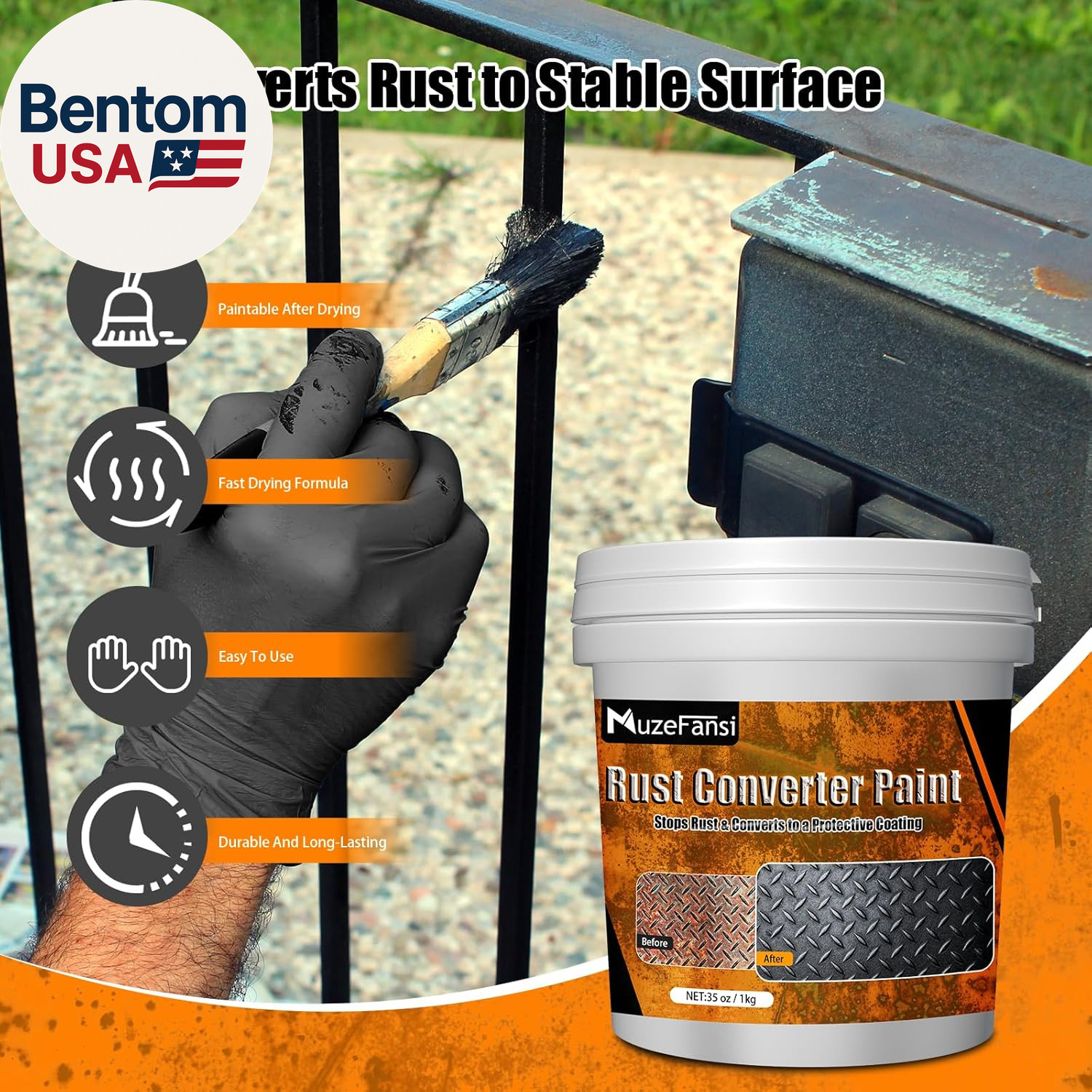 2-In-1 Rust Converter & Metal Primer, 35Oz Black Rust Inhibitor Paint for Metal