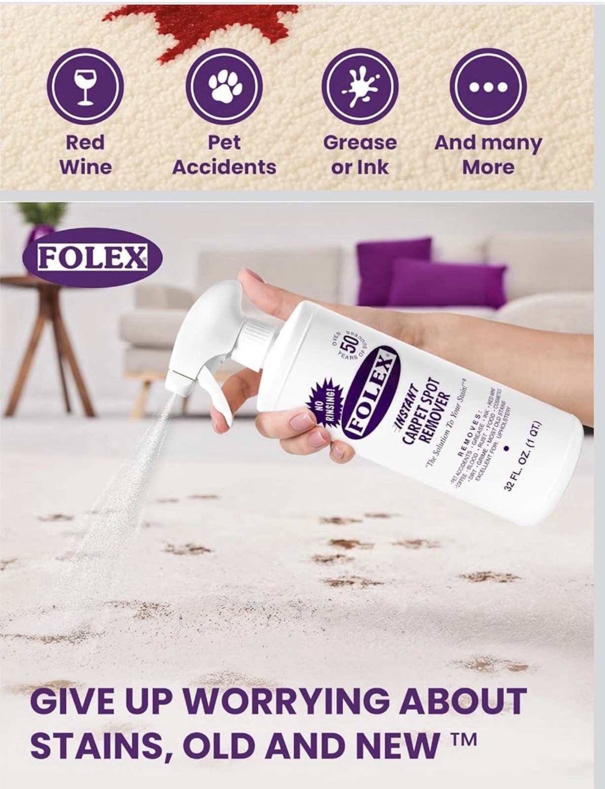 2 Pack Folex Instant Carpet Spot Remover – 32 oz – Removes Pet Accidents, Grease