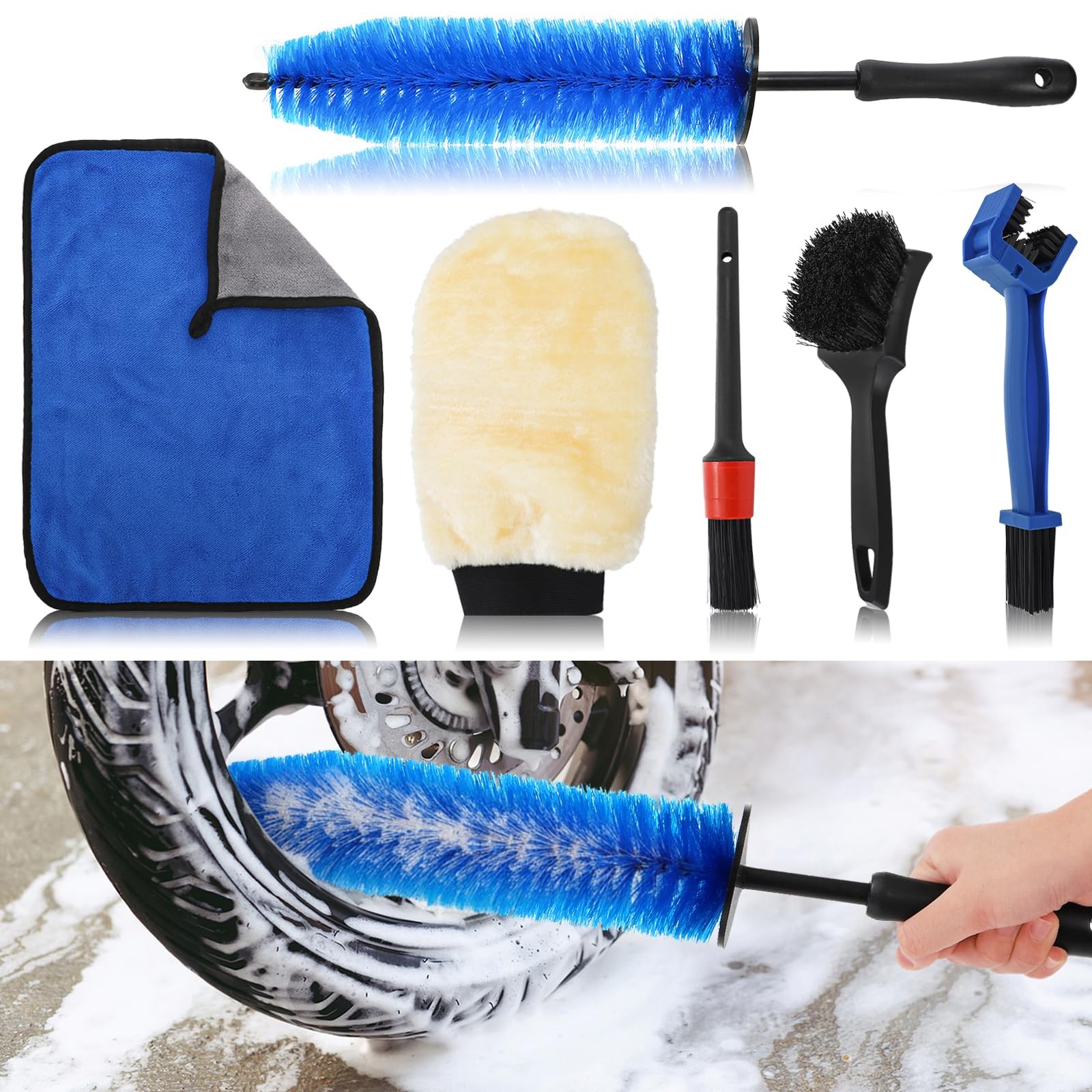 Set of 6 Motorcycle Cleaning Brush Kit, Motorcycle Detailing Wash Kit, Includ…