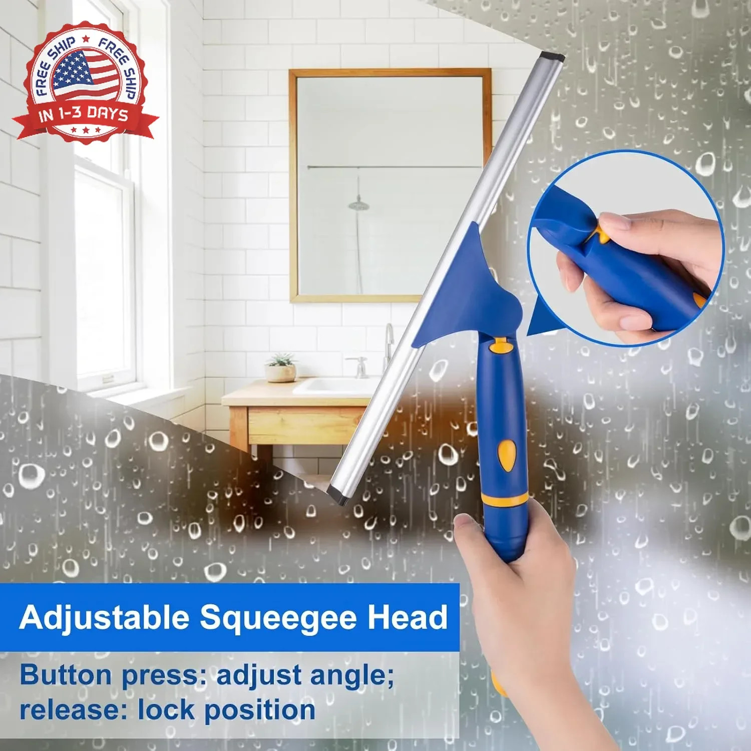 12 Inch Rotatable Shower Squeegee Heavy-Duty Rubber Blade for Bathroom Glass Cle
