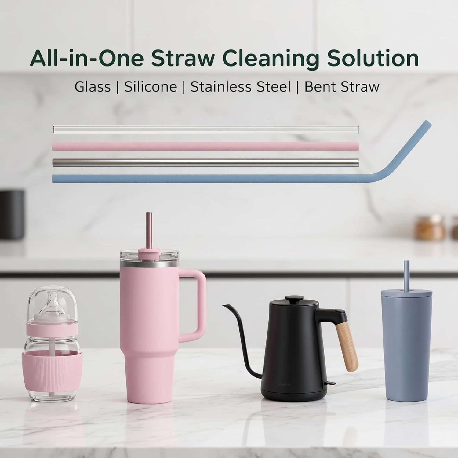 Silicone Straw Cleaner Brush, 4-Pcs Reusable Extra-Long Brush for Cleaning Metal