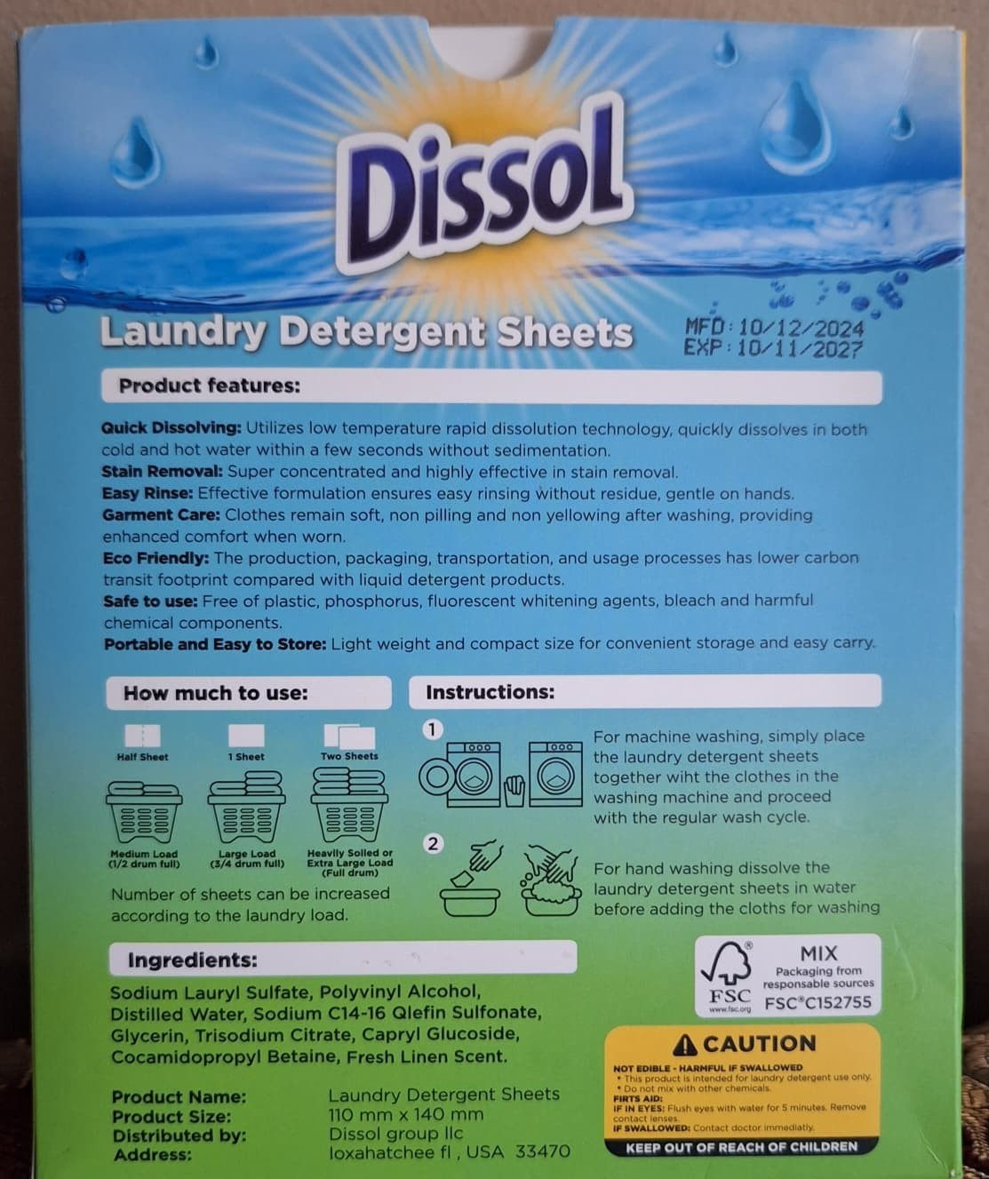 Dissol Laundry Detergent Sheets 50 Sheets up to 100 loads Fresh Linen Exp 11/27
