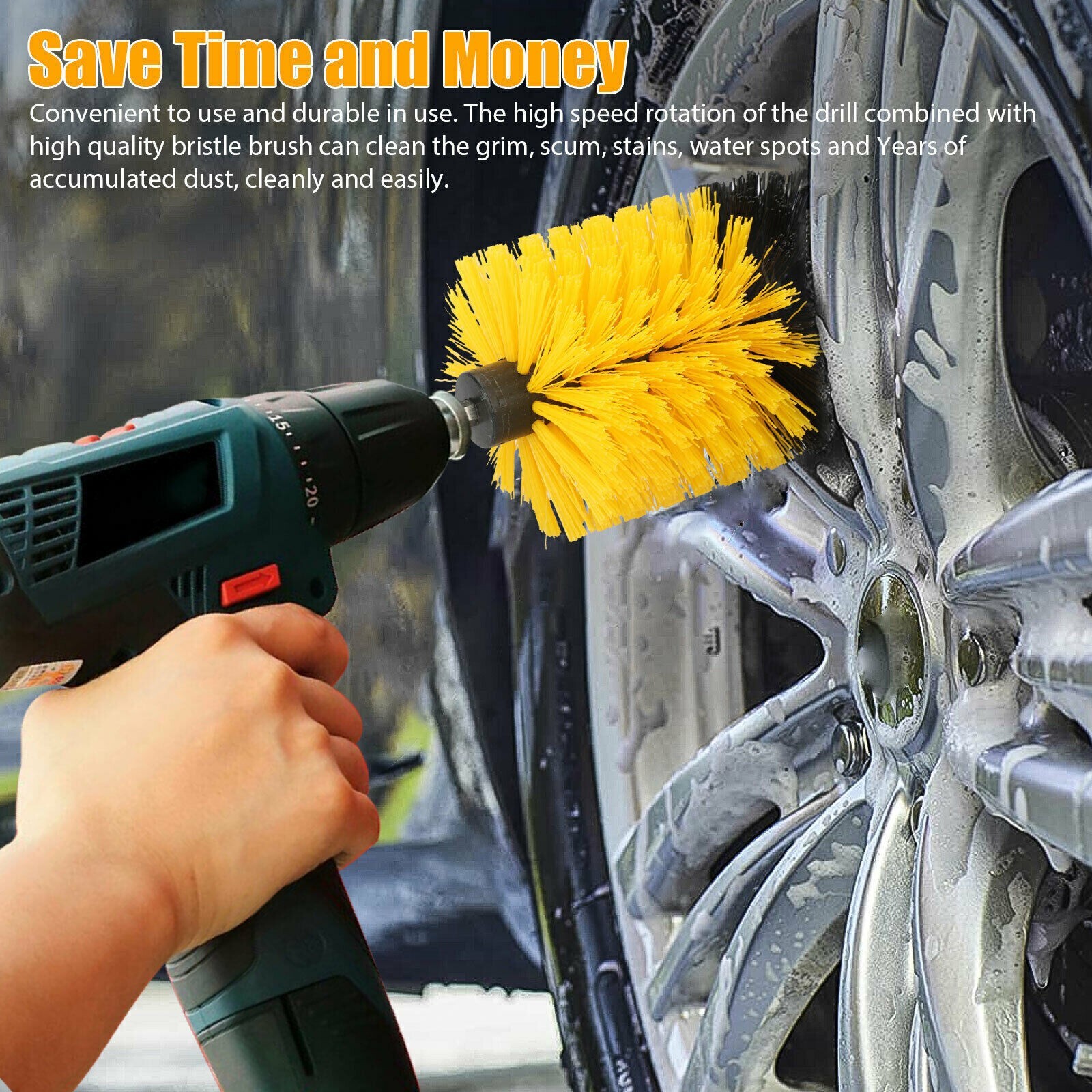 Drill Brush Set 4 Piece (Yellow) with 6″ Extension – Fast Free Shipping
