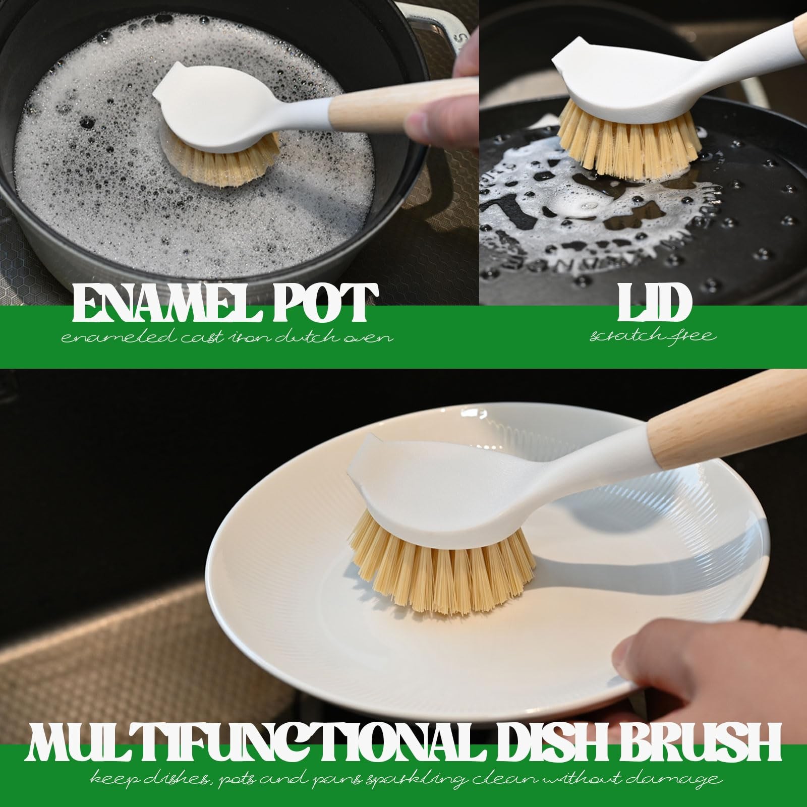 Dish Brush with Handle Wood Built-in Scraper, Scrub Brush for Pans, Pots, Sau…