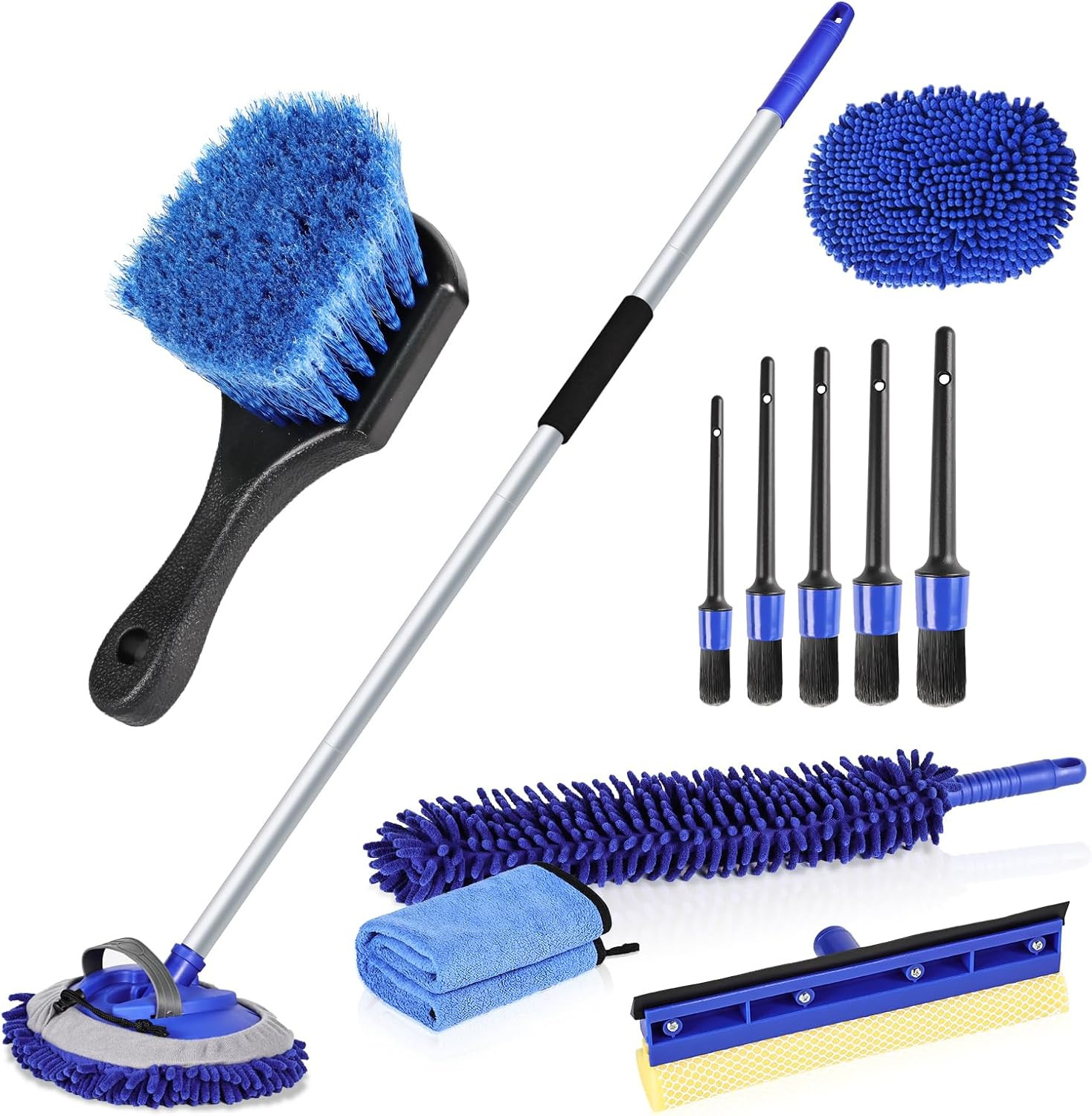 62″ Microfiber Car Wash Brush with Long Handle, Car Washing Blue Set Mitt, Spong