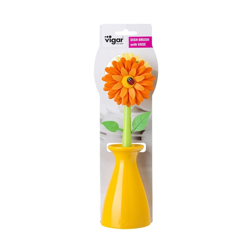 Flower Power Dish Brush with Handle and Vase Holder – Dish Scrub Brush for Di…