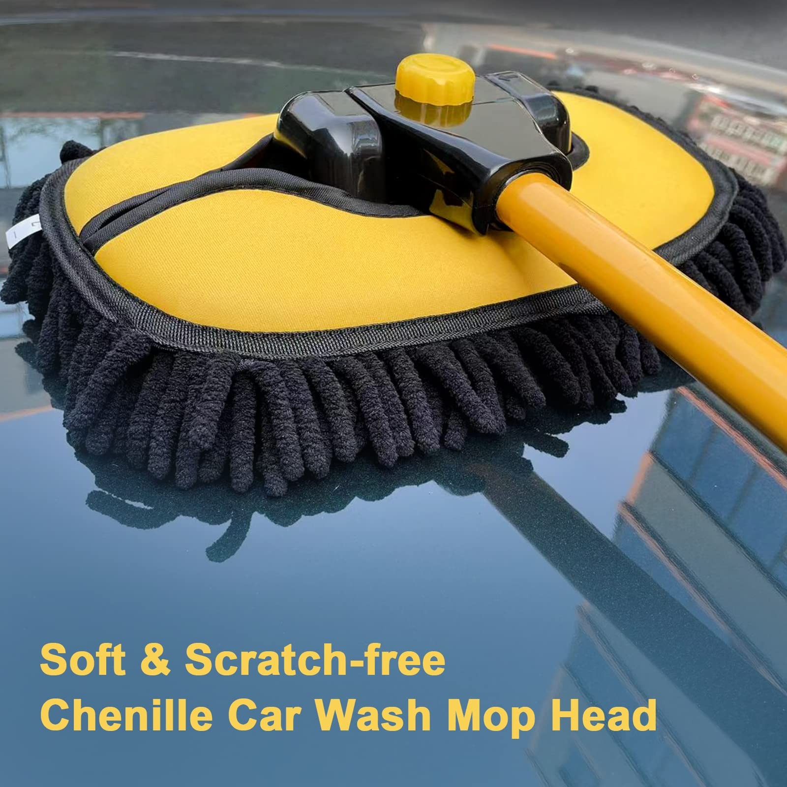 Car Wash Brush with Long Handle, Microfiber Mop & Replaceable Chenille Head