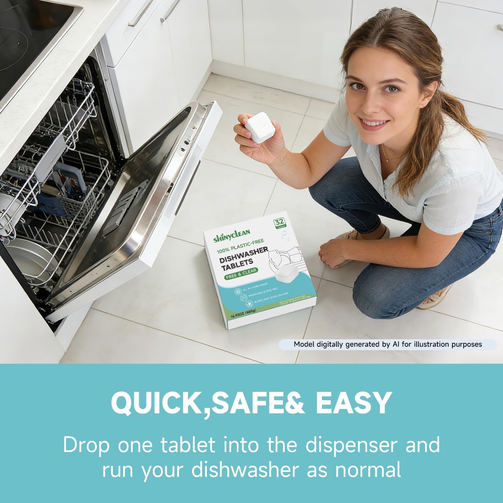 Plastic-Free Dishwasher Tablets 32 Count | All-in-One Pods, Enzyme-Powered, Phos