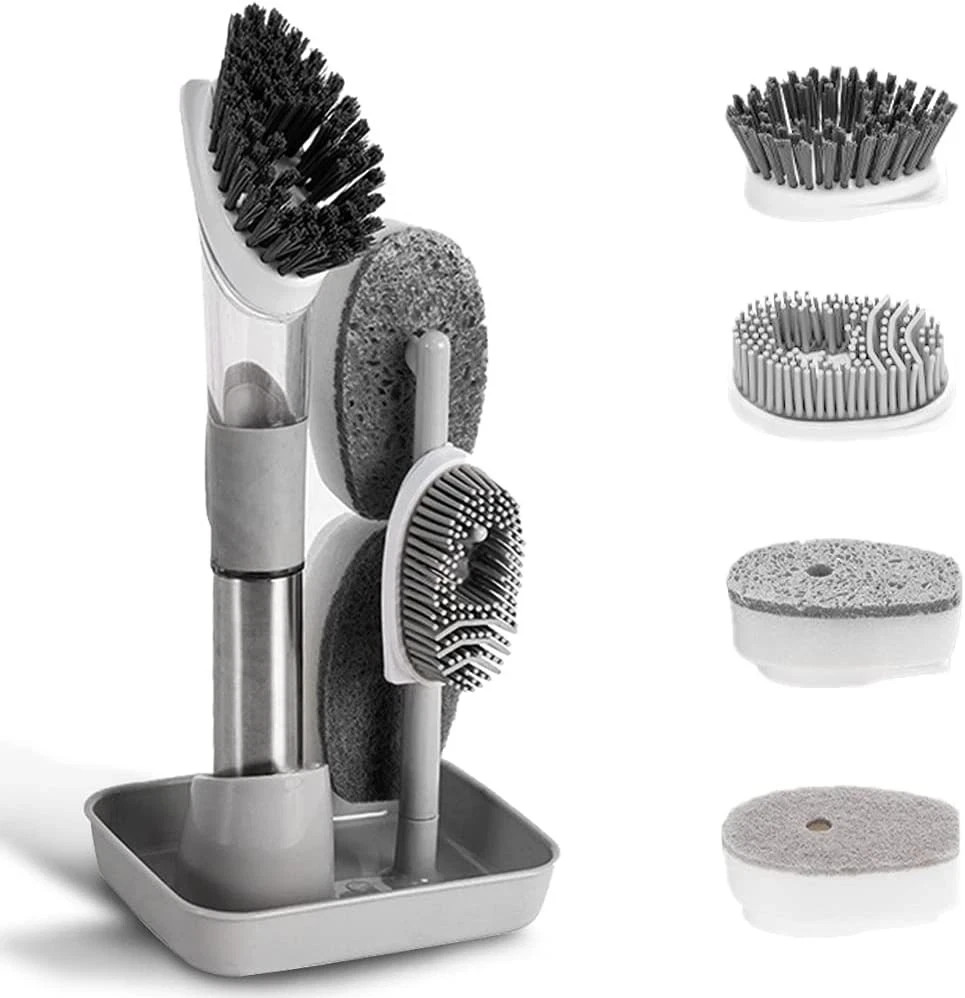 4-in-1 Dish Cleaning Brush Soap Dispensing Dish Brush Set with 4 Replacement Hea
