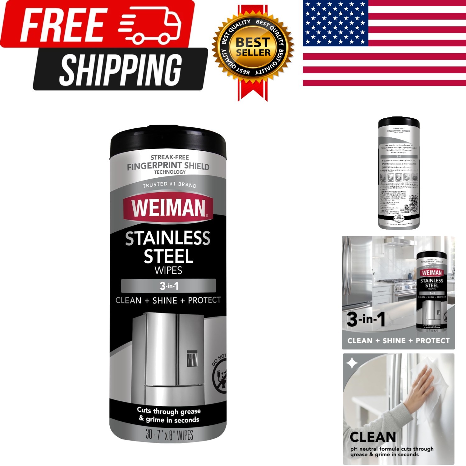 Weiman Stainless Steel Cleaner, 30 Count Cleaning Wipes, Removes Dirt, Grime,