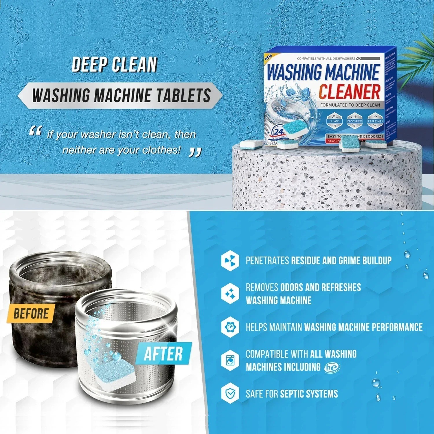 Washing Machine Cleaner Tablets Deep Clean Deodorizer Washer Tub – 24 Pack