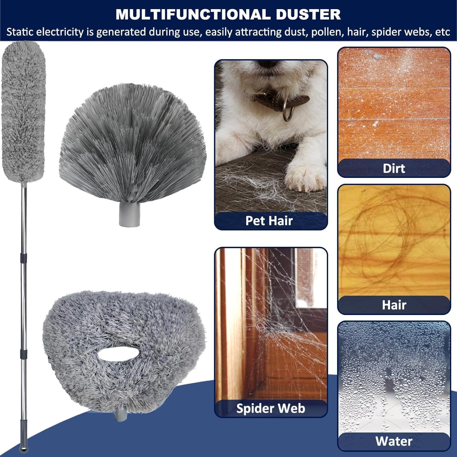 20+ Ft High Reach Ceiling Fan Duster & Cobweb & Corner Brush Duster with 3-14 Ft