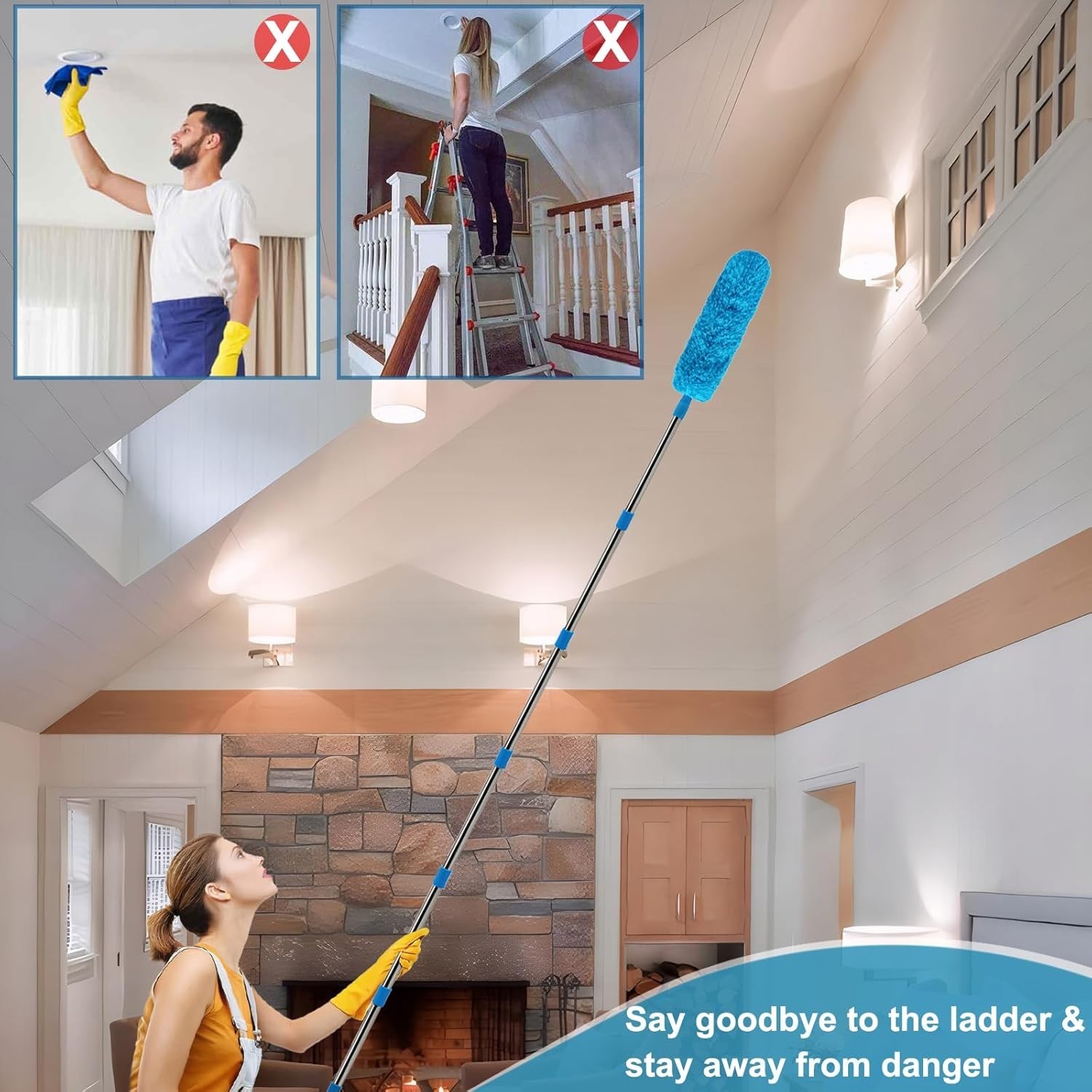 20+ Ft High Reach Ceiling Fan Duster & Cobweb & Corner Brush Duster with 3-13 ft